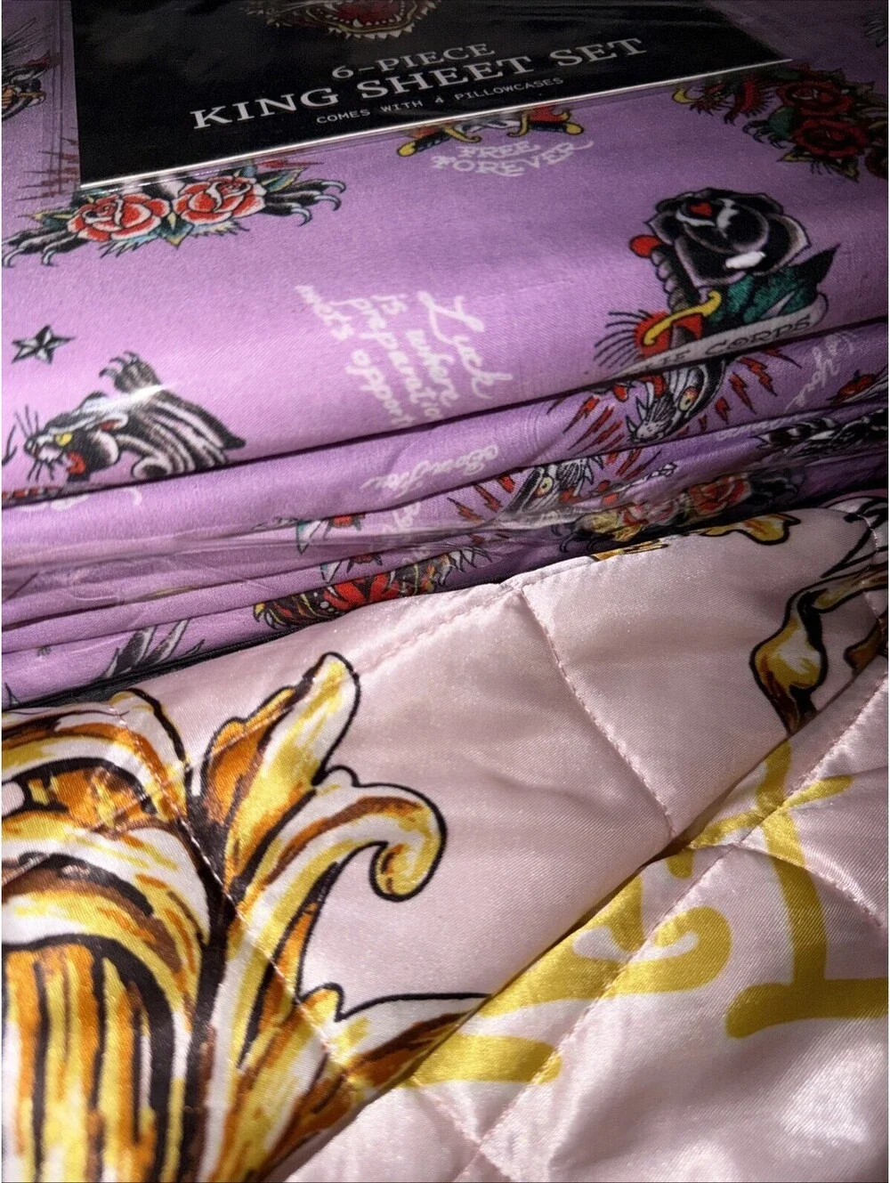 Ed Hardy King Sheet Set 6 Pc Purple Tattoo Collage Skull Bird Dragon Bedding New